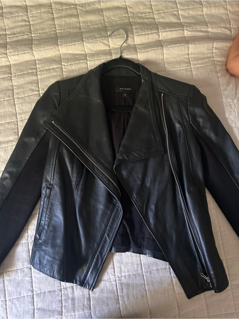 Halogen Black Leather Moto Jacket with Zip Details